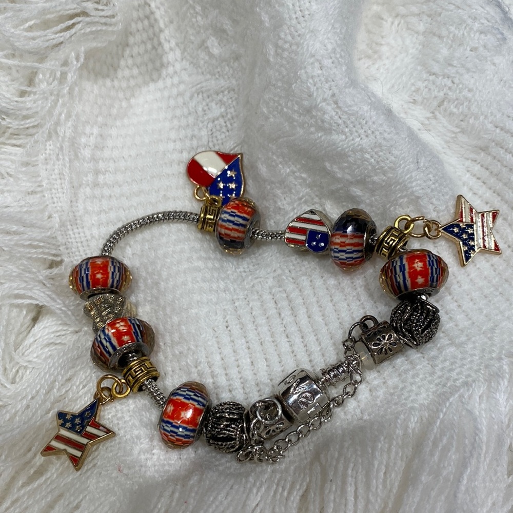 Patriotic Military charm bracelet silver and gold patriotic Stars hearts charms